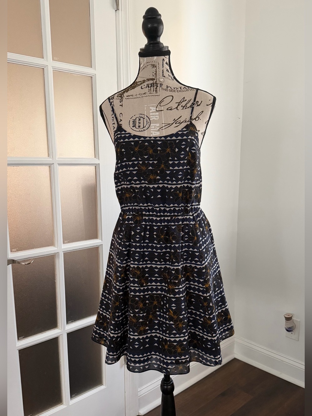 J. Crew Navy and Gold Patterned Sleeveless Fit-and-Flare Mini Dress